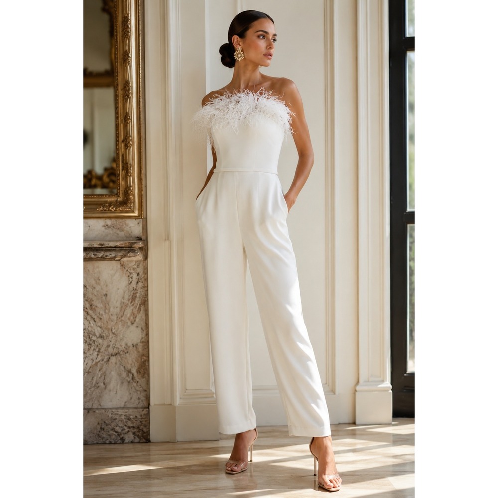 NWT Mac Duggal Lola Blanc Feather White Strapless Jumpsuit (MSRP: $398) Size 2